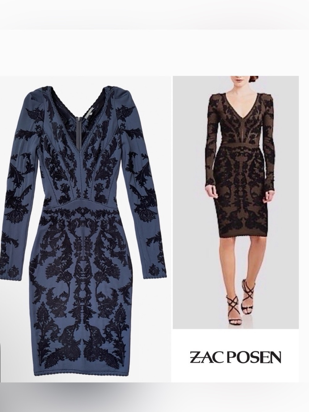 Zac Posen Bonded Floral Jacquard Knit Dress Blue Black bodycon style Size Small